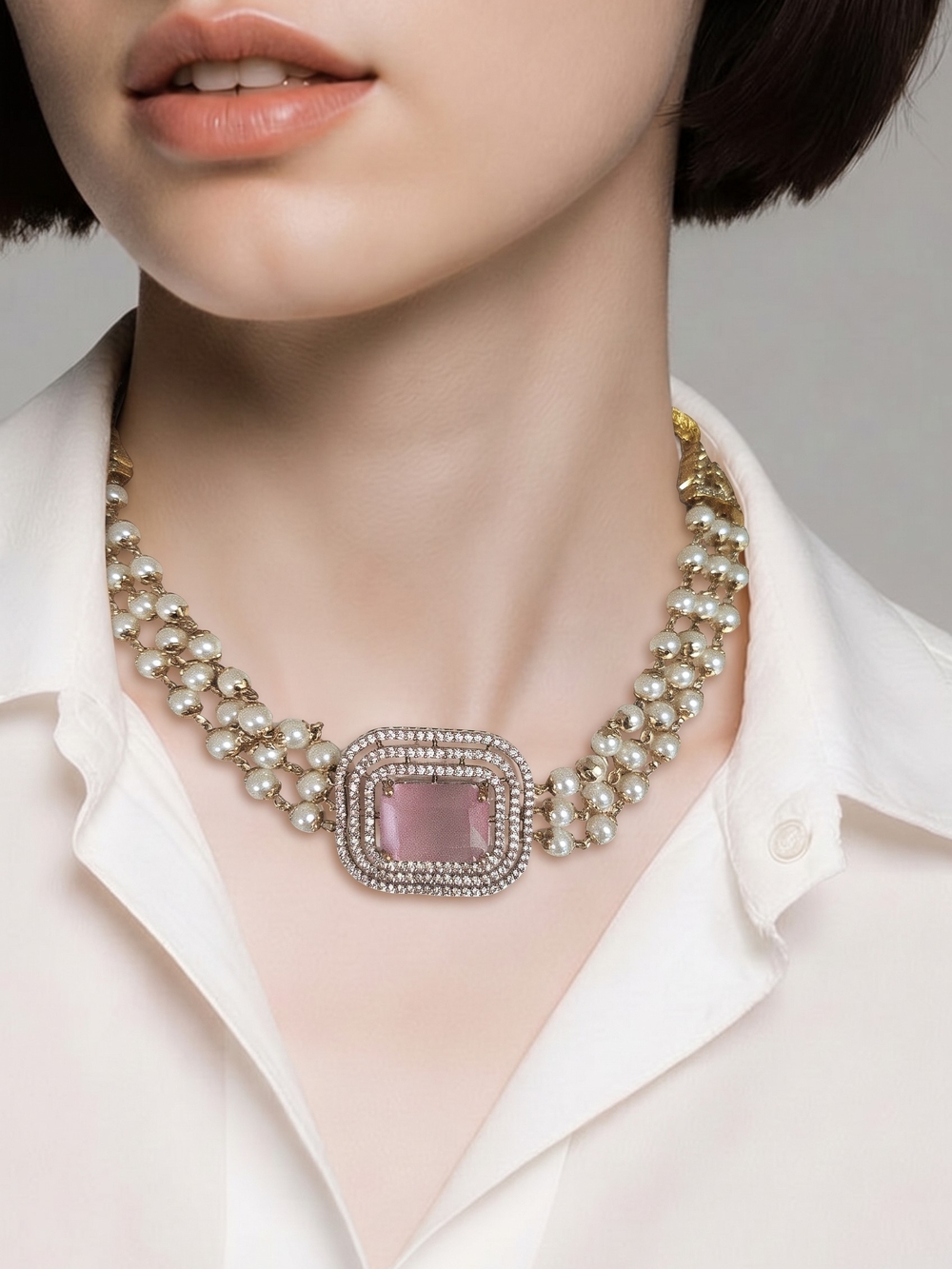Elegant Pink Stone Pearl Choker Necklace and Earrings Set by